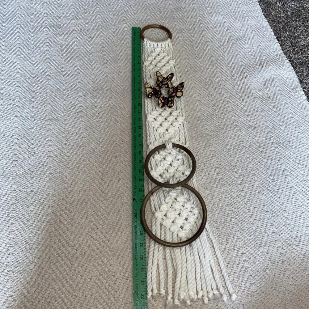 Macrame Towel Holder Ring Ceramic Butterflies Fringe Vintage Boho Fairy Hippie